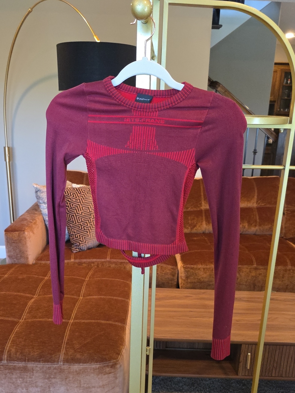 Pleated Crewneck Long-Sleeve Top in Burgundy